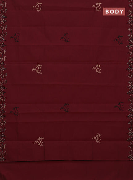 Semi silk cotton saree maroon and beige with butta prints in borderless style