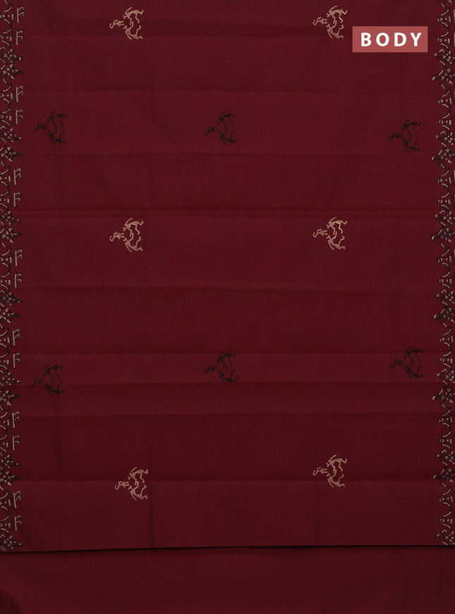 Semi silk cotton saree maroon and beige with butta prints in borderless style