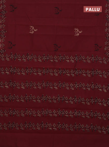 Semi silk cotton saree maroon and beige with butta prints in borderless style