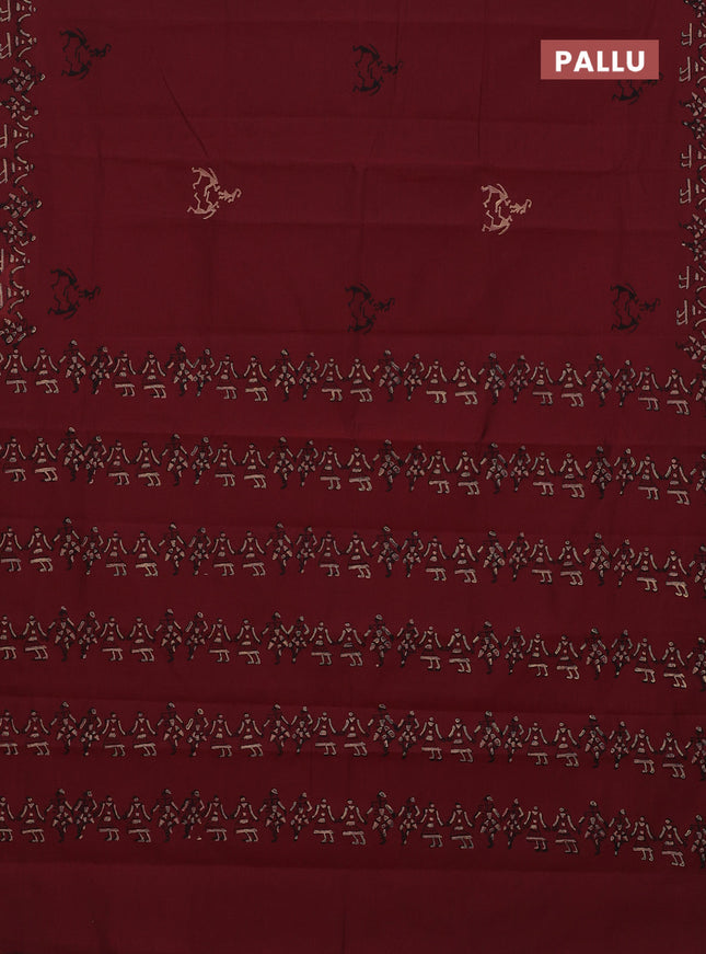 Semi silk cotton saree maroon and beige with butta prints in borderless style