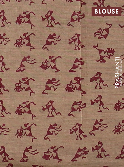 Semi silk cotton saree maroon and beige with butta prints in borderless style
