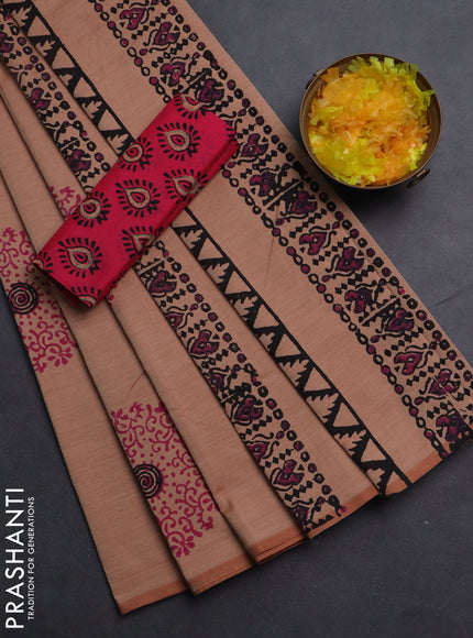 Semi silk cotton saree peach shade and pink with butta prints in borderless style