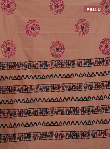 Semi silk cotton saree peach shade and pink with butta prints in borderless style