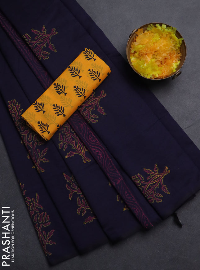 Semi silk cotton saree navy blue and mango yellow with butta prints in borderless style