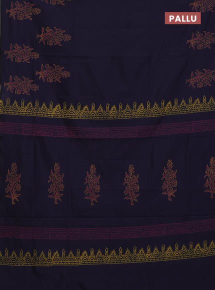 Semi silk cotton saree navy blue and mango yellow with butta prints in borderless style