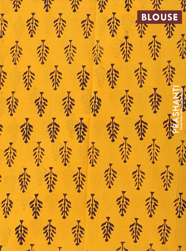 Semi silk cotton saree navy blue and mango yellow with butta prints in borderless style