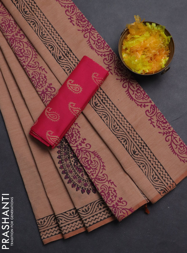 Semi silk cotton saree peach shade and pink with butta prints and printed border