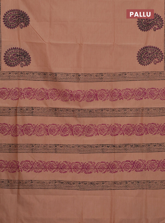 Semi silk cotton saree peach shade and pink with butta prints and printed border
