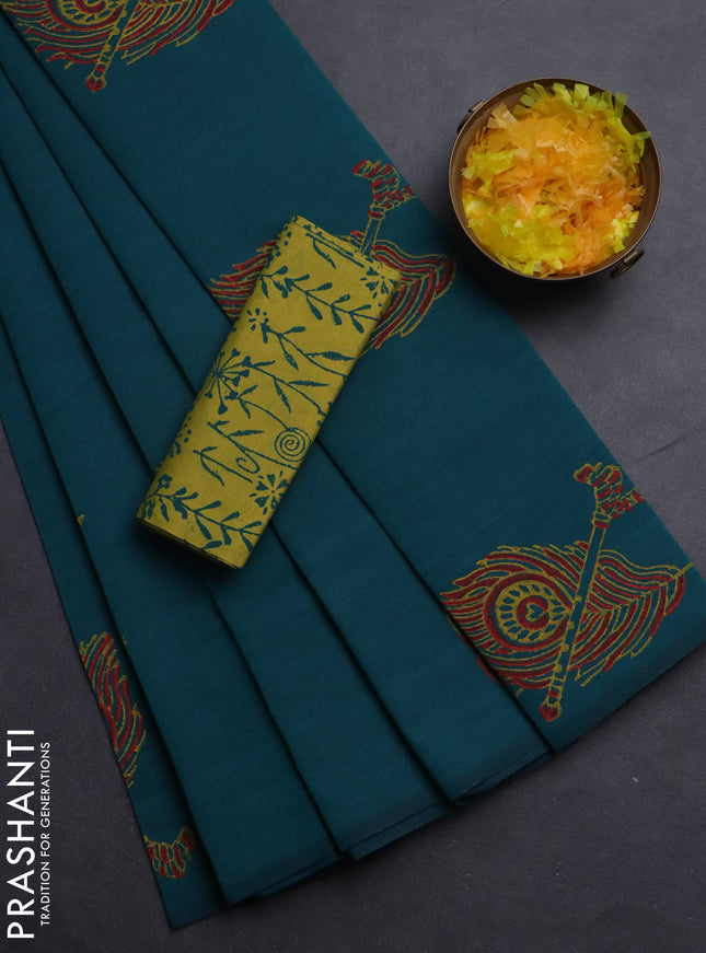 Semi silk cotton saree peacock green and lime green with butta prints in borderless style