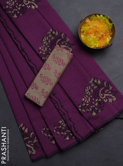 Semi silk cotton saree purple and beige with butta prints in borderless style