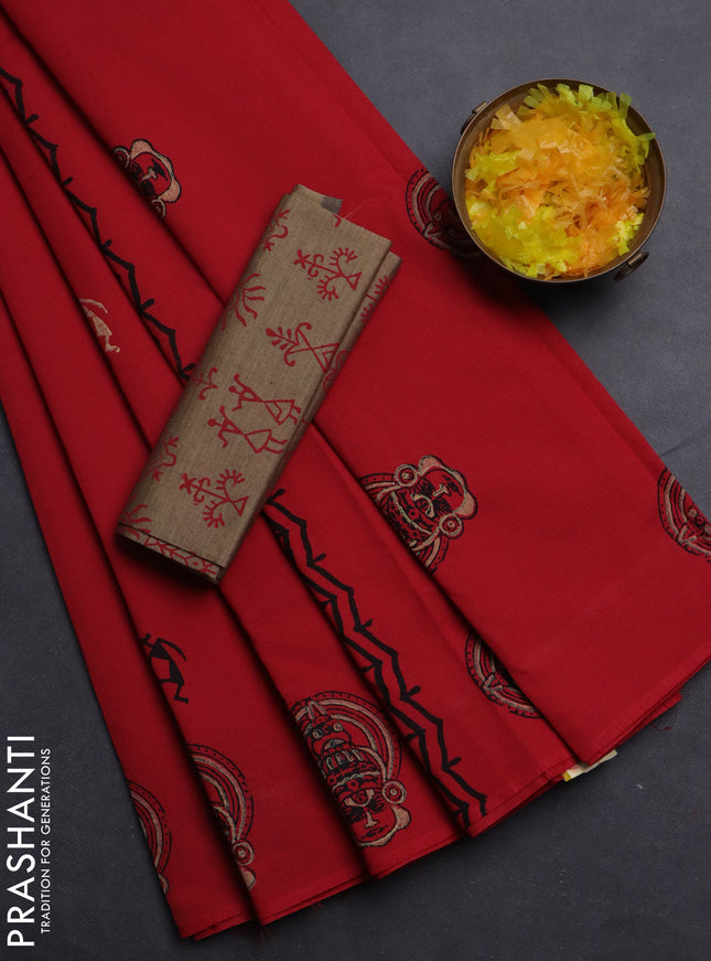 Semi silk cotton saree red and beige with warli butta prints in borderless style