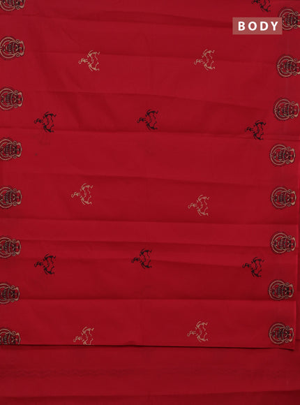 Semi silk cotton saree red and beige with warli butta prints in borderless style