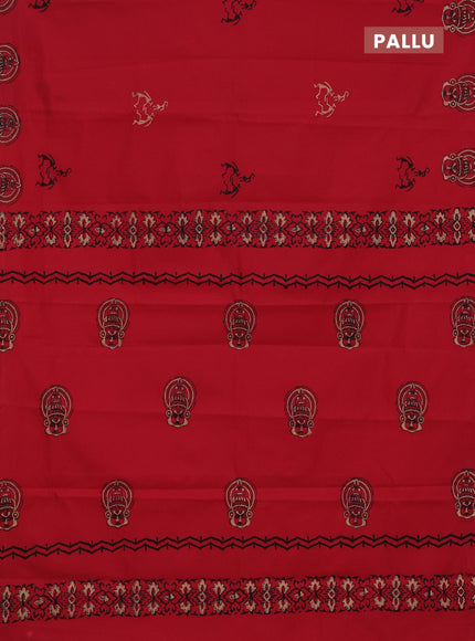 Semi silk cotton saree red and beige with warli butta prints in borderless style