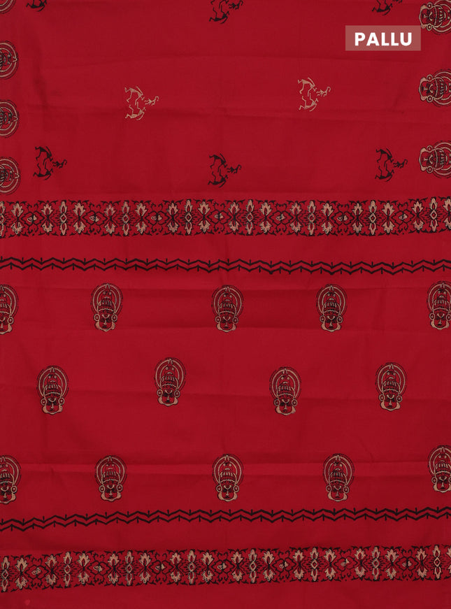 Semi silk cotton saree red and beige with warli butta prints in borderless style