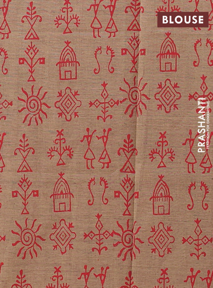 Semi silk cotton saree red and beige with warli butta prints in borderless style