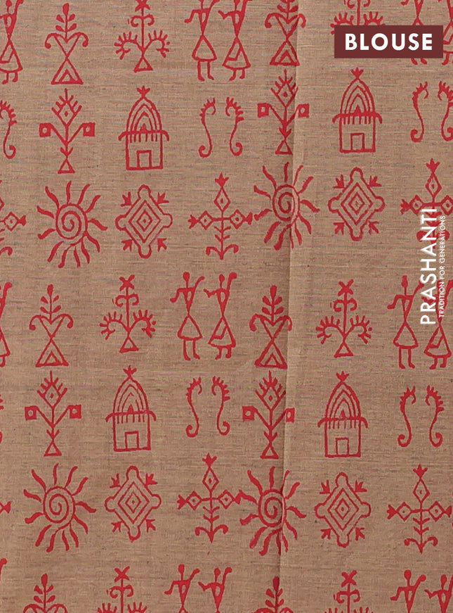 Semi silk cotton saree red and beige with warli butta prints in borderless style