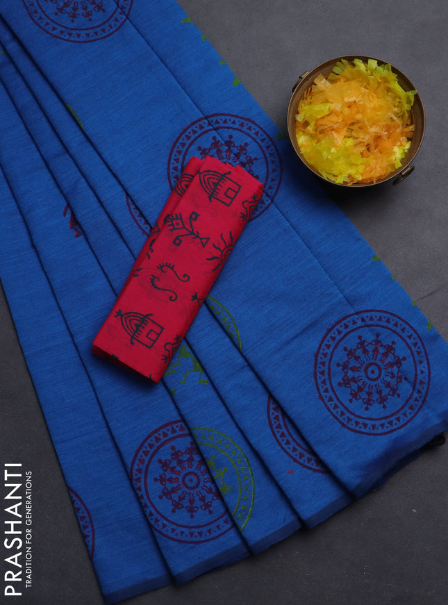Semi silk cotton saree cs blue and pink with warli butta prints in borderless style