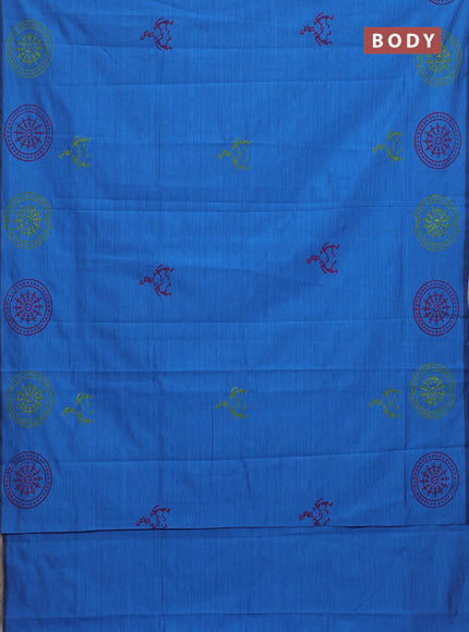 Semi silk cotton saree cs blue and pink with warli butta prints in borderless style