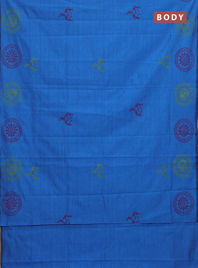 Semi silk cotton saree cs blue and pink with warli butta prints in borderless style