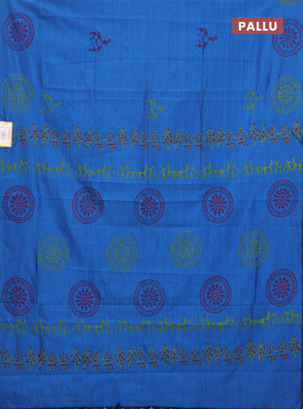 Semi silk cotton saree cs blue and pink with warli butta prints in borderless style