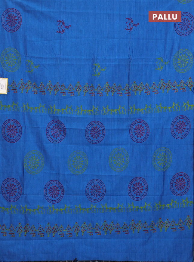 Semi silk cotton saree cs blue and pink with warli butta prints in borderless style
