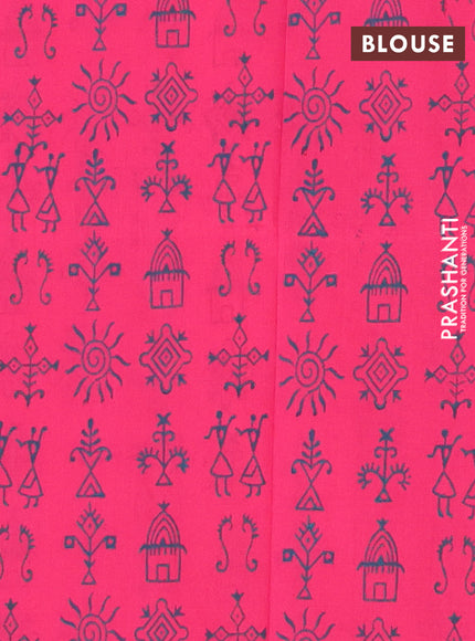Semi silk cotton saree cs blue and pink with warli butta prints in borderless style