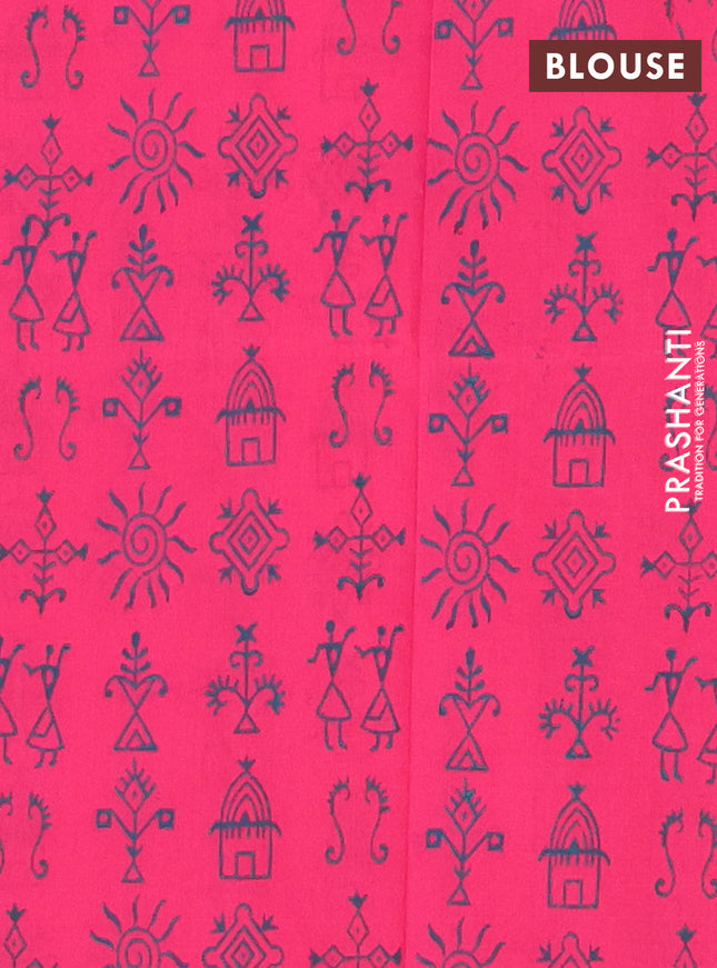 Semi silk cotton saree cs blue and pink with warli butta prints in borderless style