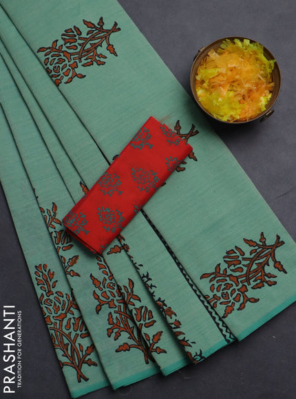 Semi silk cotton saree teal green shade with butta prints and printed border