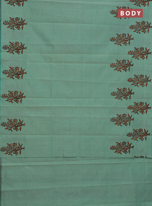 Semi silk cotton saree teal green shade with butta prints and printed border