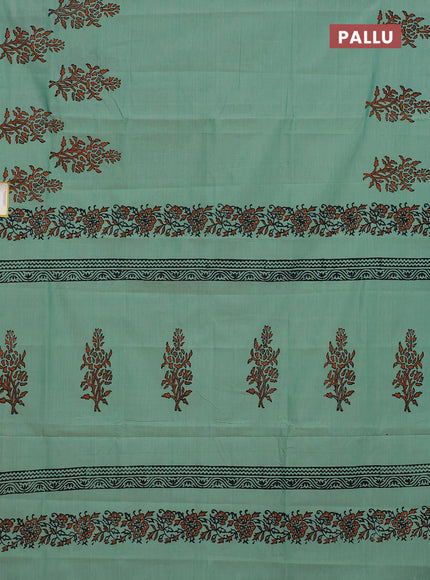 Semi silk cotton saree teal green shade with butta prints and printed border
