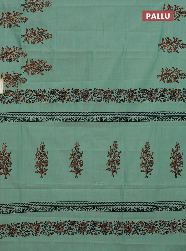 Semi silk cotton saree teal green shade with butta prints and printed border