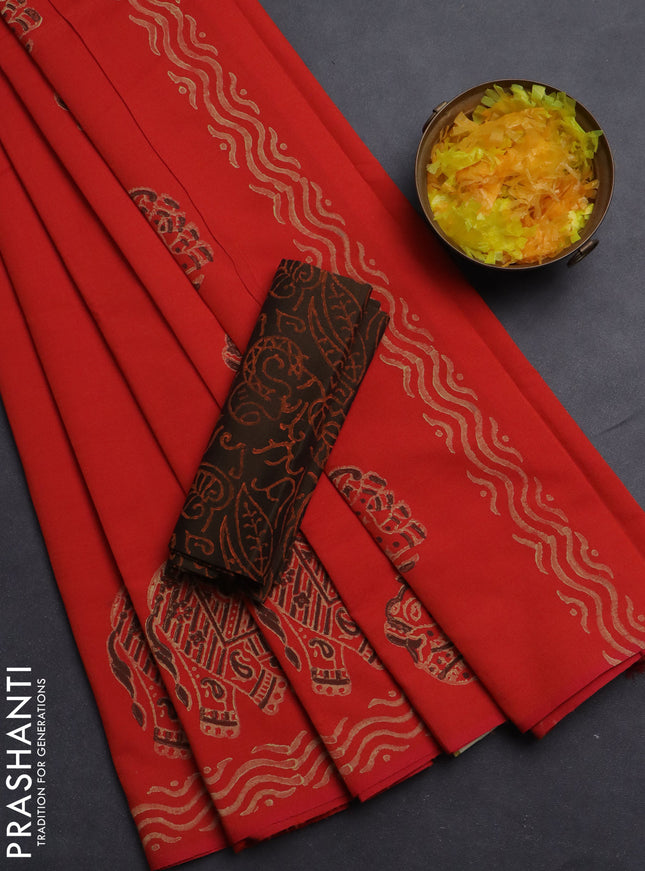 Semi silk cotton saree orange and dark brown with butta prints and printed border
