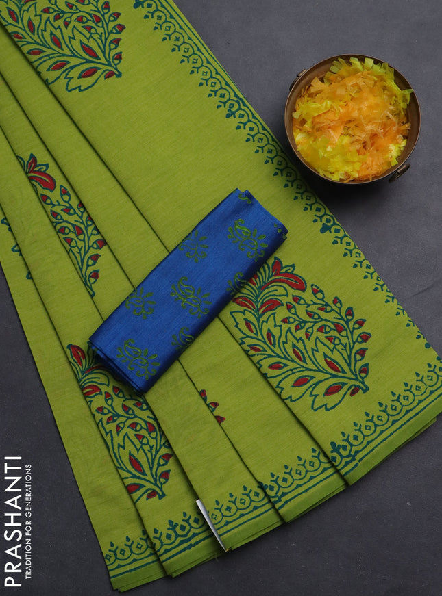 Semi silk cotton saree lime green and cs blue with butta prints and printed border