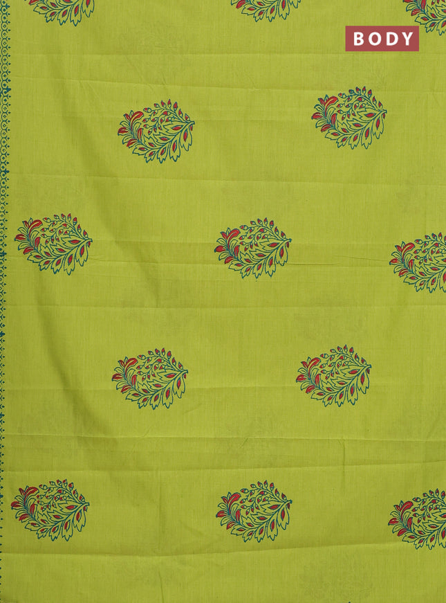Semi silk cotton saree lime green and cs blue with butta prints and printed border