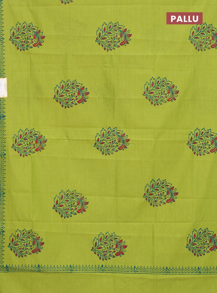 Semi silk cotton saree lime green and cs blue with butta prints and printed border