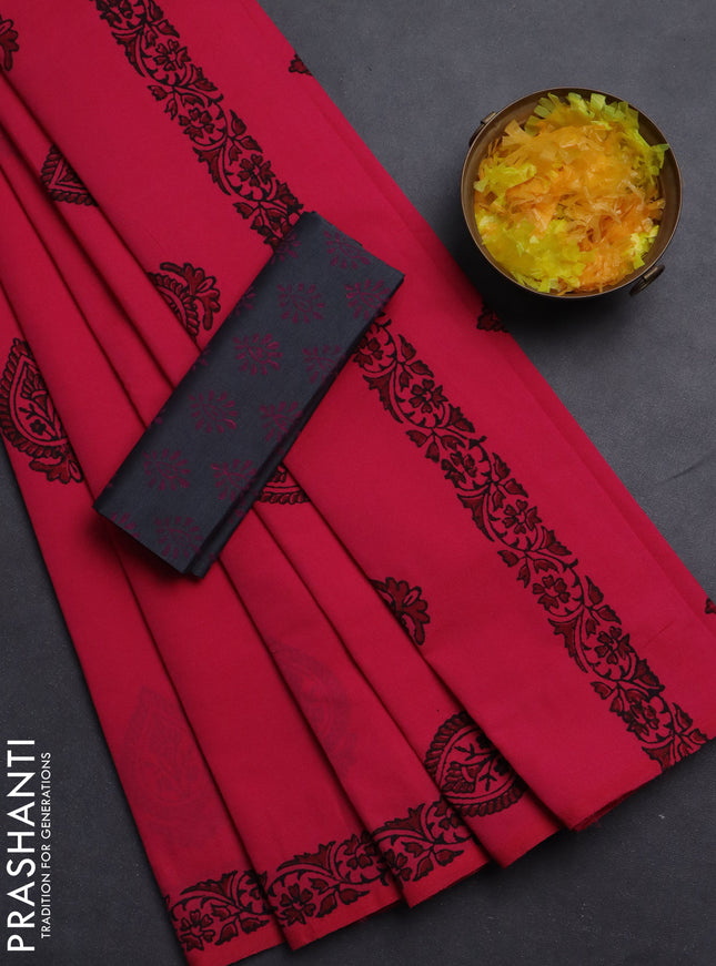 Semi silk cotton saree pink and elephant grey with butta prints and printed border