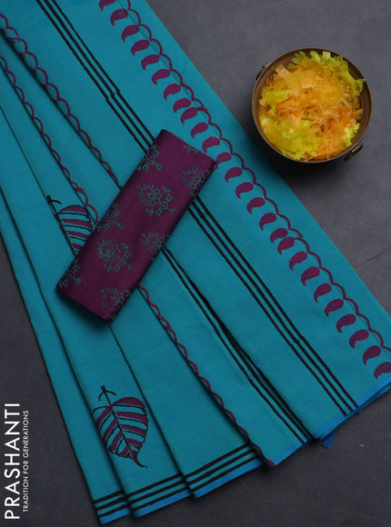 Semi silk cotton saree teal blue and wine shade with leaf butta prints and printed border