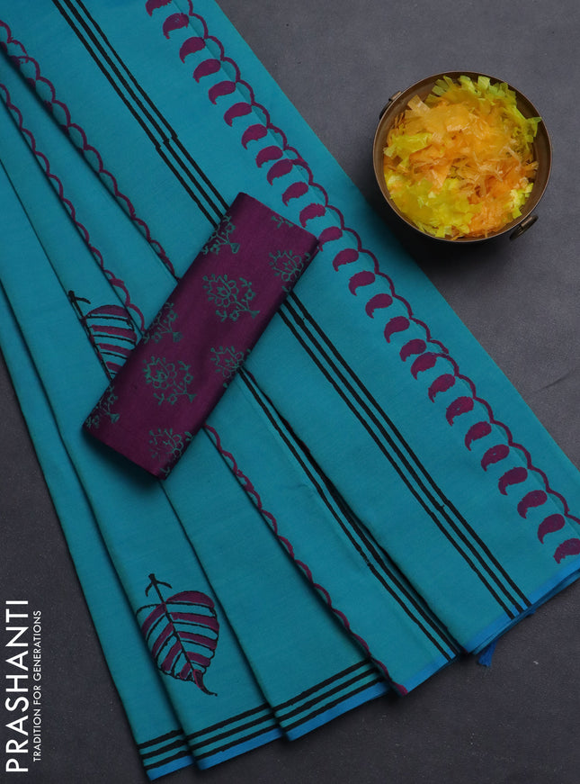 Semi silk cotton saree teal blue and wine shade with leaf butta prints and printed border