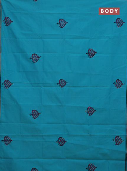Semi silk cotton saree teal blue and wine shade with leaf butta prints and printed border