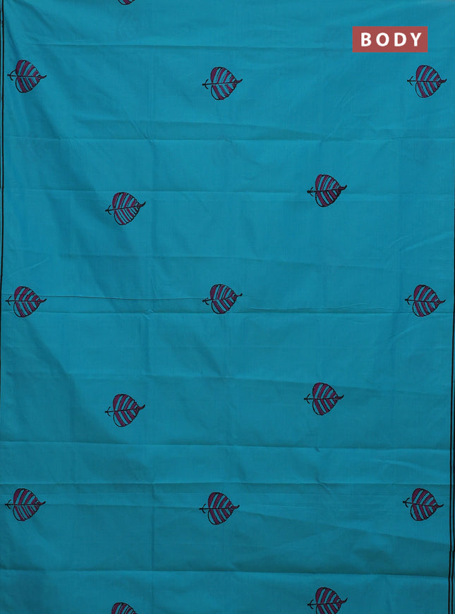 Semi silk cotton saree teal blue and wine shade with leaf butta prints and printed border