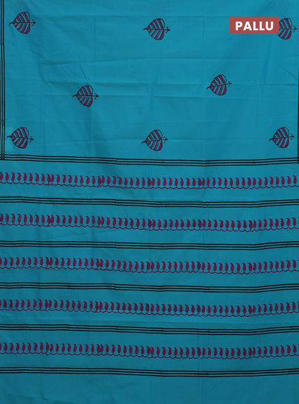Semi silk cotton saree teal blue and wine shade with leaf butta prints and printed border