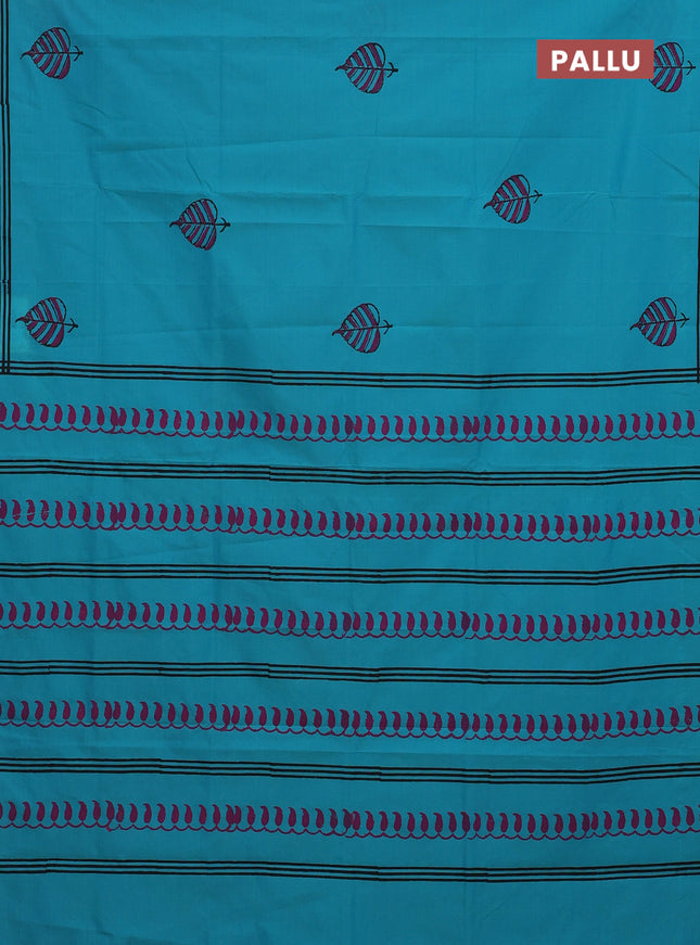 Semi silk cotton saree teal blue and wine shade with leaf butta prints and printed border