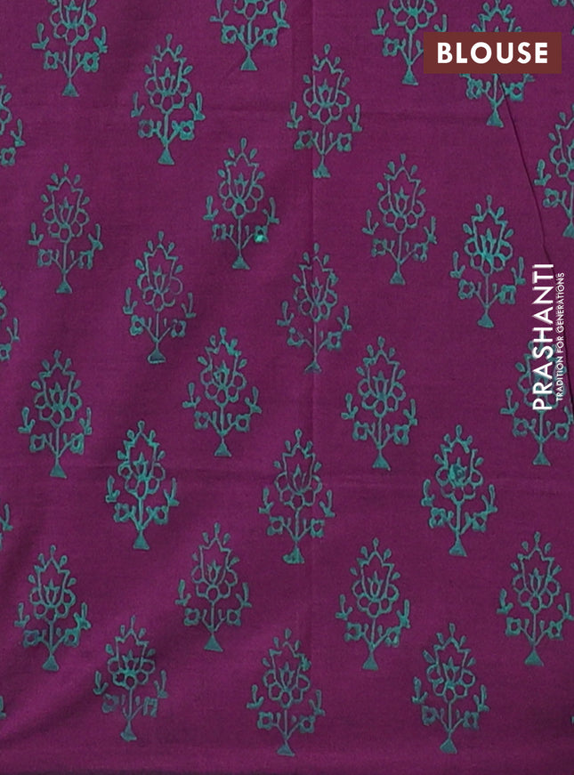 Semi silk cotton saree teal blue and wine shade with leaf butta prints and printed border