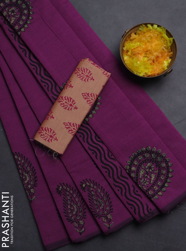Semi silk cotton saree purple and peach shade with plain body and printed border