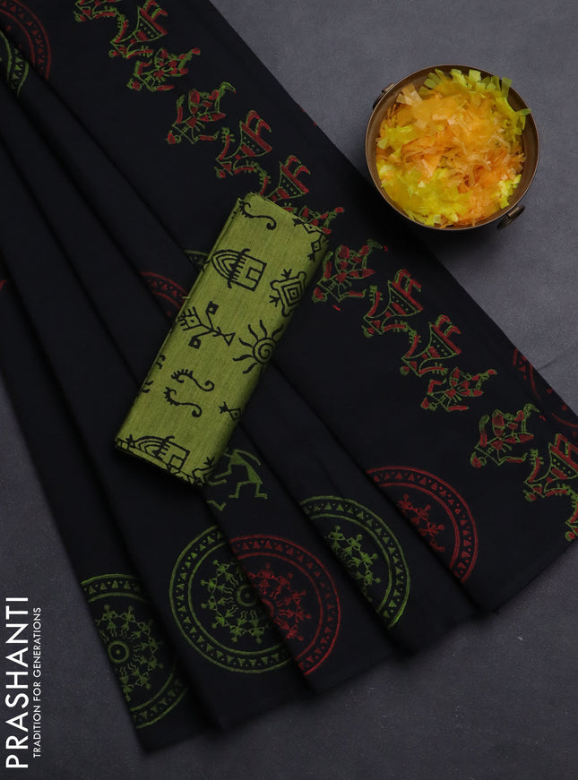 Semi silk cotton saree black and light green with butta prints in borderless style
