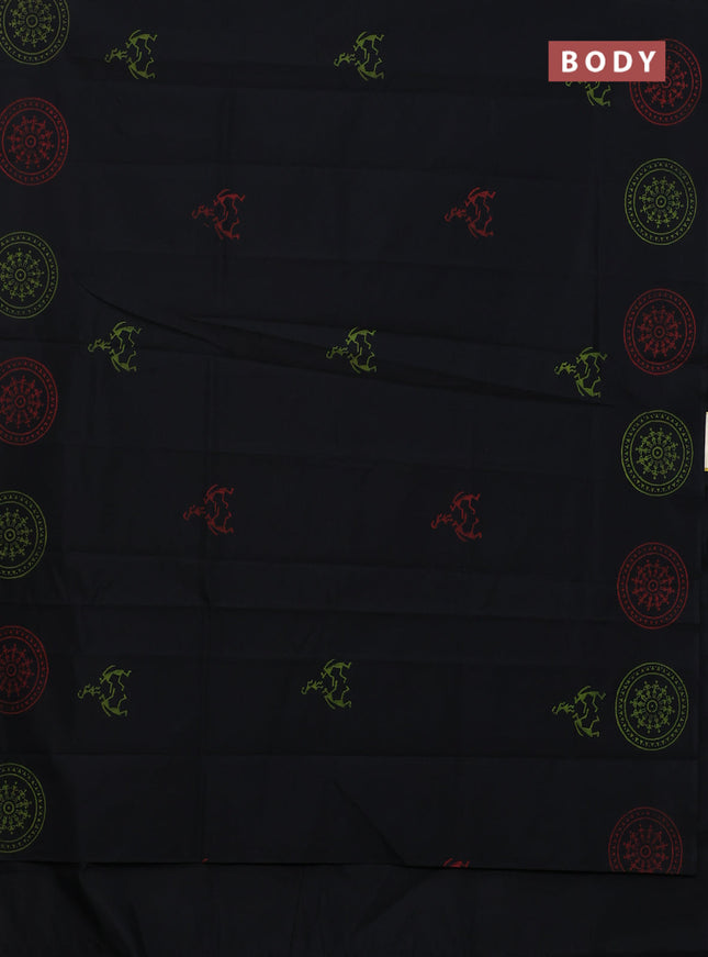Semi silk cotton saree black and light green with butta prints in borderless style