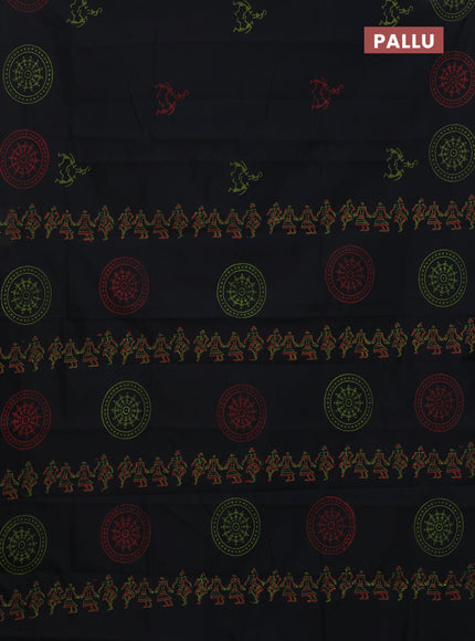 Semi silk cotton saree black and light green with butta prints in borderless style