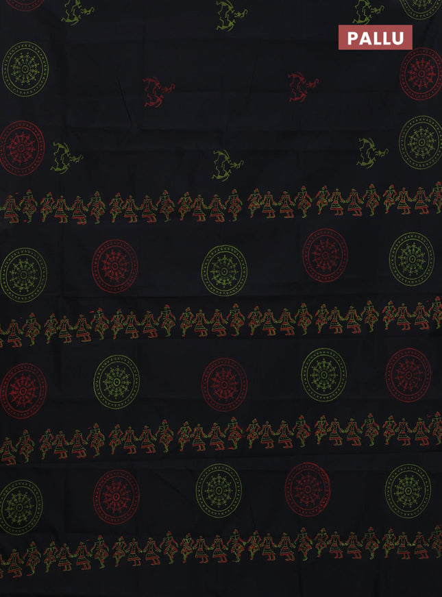 Semi silk cotton saree black and light green with butta prints in borderless style