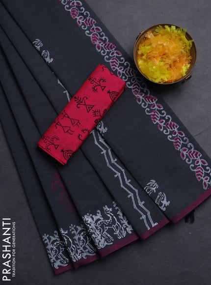 Semi silk cotton saree grey and pink with warli butta prints and printed border
