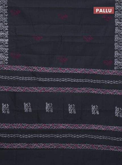 Semi silk cotton saree grey and pink with warli butta prints and printed border